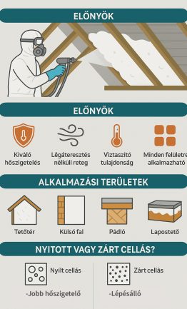 Szórt poliuretán szigetelés előnyei láthatók infografikán