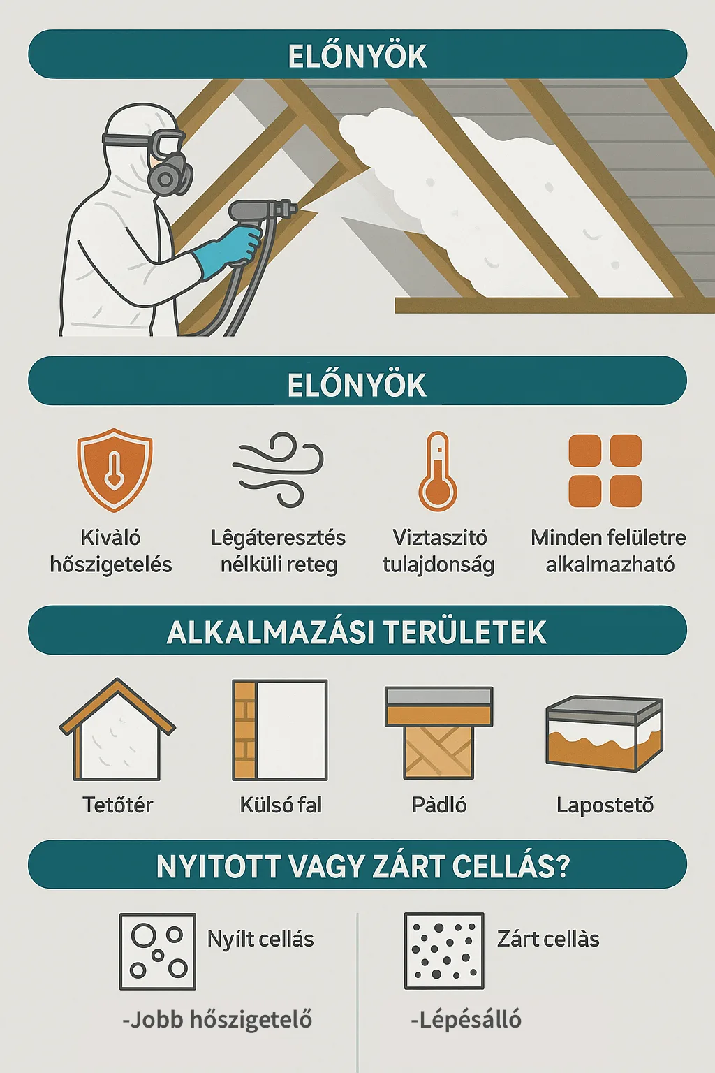 Szórt poliuretán szigetelés előnyei láthatók infografikán